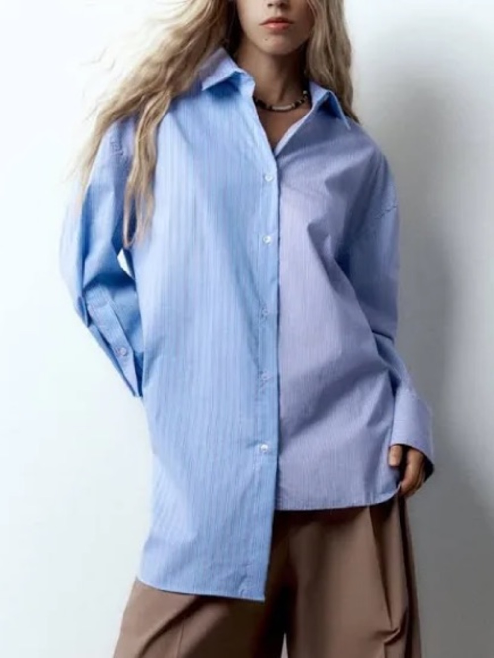 Zara Assymetrical Hem Uneven Striped Button Down Shirt Oversized